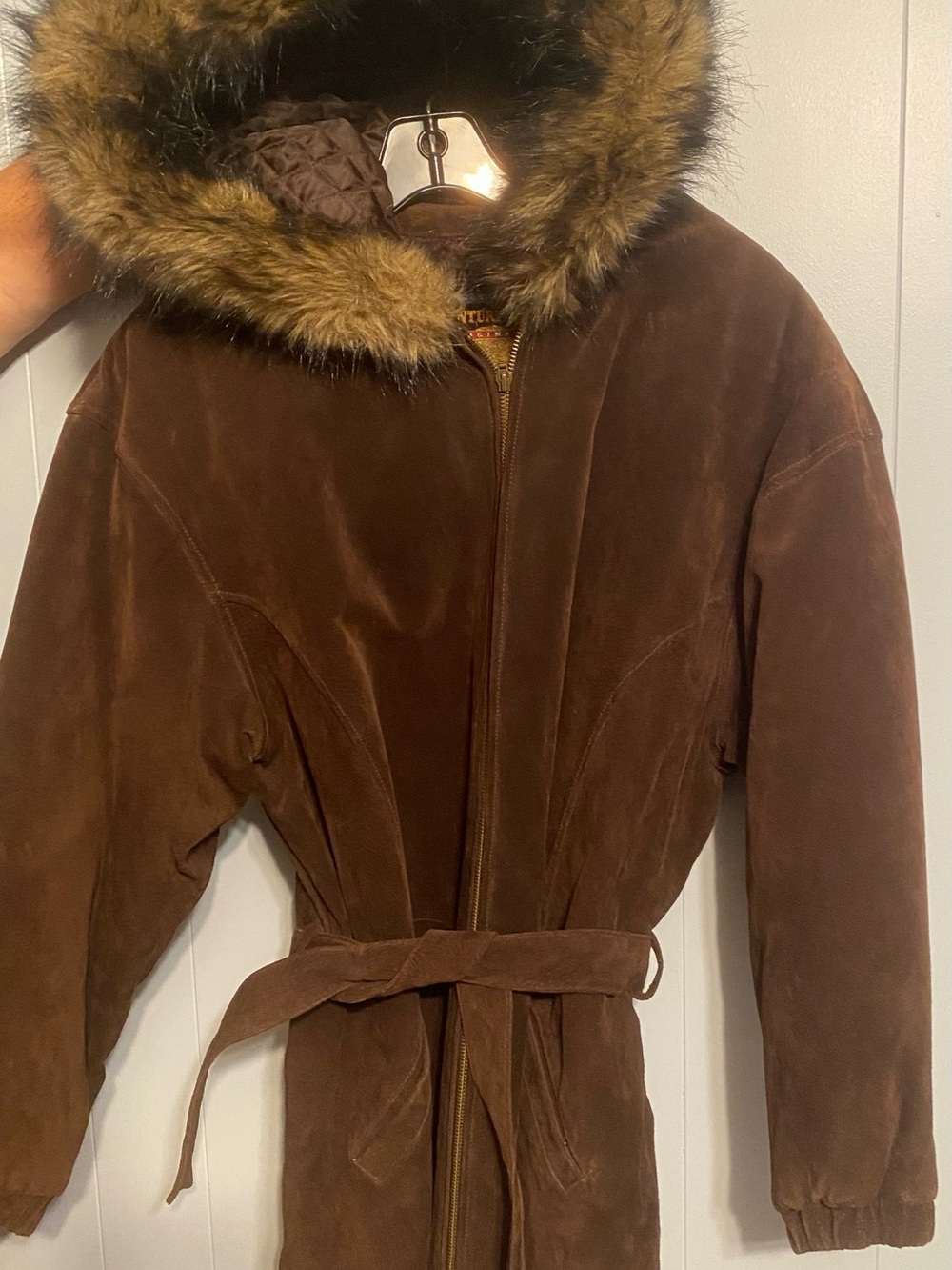 Wilson Brown Suede Trench Coat with Faux Fur Trim Hood